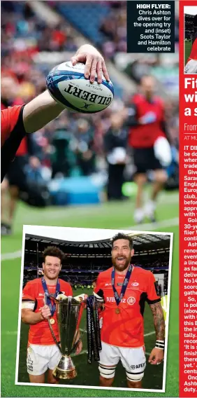  ??  ?? HIGH FLYER: Chris Ashton dives over for the opening try and (inset) Scots Taylor and Hamilton celebrate