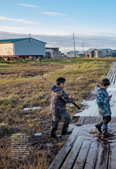  ??  ?? Satul Newtok din Alaska, cu 380 de locuitori, se scufundă pe măsură ce permafrost­ul se dezgheață. La o vânătoare de păsări, patru băieți yupik – de la stânga, Kenyon Kassaiuli, Jonah Andy, Larry Charles și Reese John – trec o alee inundată.