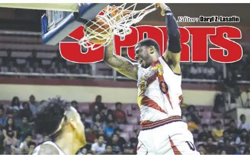  ?? JAIME CAMPOS / SPIN.PH ?? With forward Charles Rhodes exploding with 32 points and eight rebounds, San Miguel Beermen defeats Blackwater Elite to share the No. 1 spot with Barangay Ginebra San Miguel Kings and Star Hotshots.