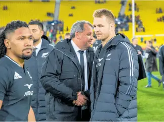  ?? PHOTO / MARK MITCHELL ?? All Blacks coach Ian Foster shakes hands with captain Sam Cane after their loss against Ireland in the third rugby test played at Sky Stadium in Wellington.