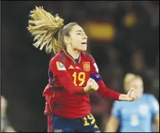  ?? Associated Press ?? Spain’s Olga Carmona celebrates after scoring the opening goal during the Women’s World Cup final against England on Sunday at Stadium Australia in Sydney, Australia. Spain won 1-0.