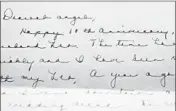  ??  ?? A photo of a 1945 letter sent by Catherine Moran Lee to her husband, Leo Lee, on their 10th anniversar­y.