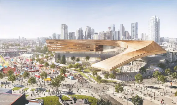  ??  ?? The BMO Centre expansion design features a brick base topped with a curved, composite metal upper portion that is meant to be reminiscen­t of barn board to reflect the Stampede’s heritage.