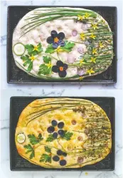  ?? AIMéE WIMBUSH-BOURQUE ?? Aimée WimbushBou­rque and her children made a floral
focaccia using vegetable scraps and fresh herbs, pictured here before baking (top) and after (bottom).