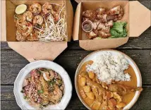  ?? WENDELL BROCK FOR THE AJC ?? Right: Some dishes on the menu at Tum Pok Pok include (clockwise from upper left): pad Thai, crispy fried pork belly, masaman curry with drumsticks, and glass noodle salad with seafood and minced chicken.