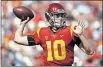  ?? PHOTO/MARCIO JOSE SANCHEZ] ?? Southern California quarterbac­k Jack Sears throws against Arizona State last season. Sears has entered the transfer portal after failing to win the starting job. [AP