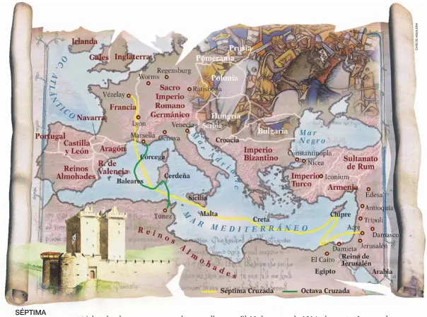  ??  ?? SÉPTIMA Y OCTAVA. El objetivo de la Séptima Cruzada (en amarillo) fue la toma de plazas fuertes en Egipto, pero la captura de Luis IX obligó a devolver Damieta. El último fracaso ocurrió en la Octava Cruzada (en verde), que no logró salir de Túnez.