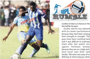  ?? PHOTO EDITOR RICARDO MAKYN/MULTIMEDIA ?? Waterhouse FC midfielder Kiethy Simpson (left) tackles Mount Pleasant Academy’s Ladale Richie, who dribbles away in their Red Stripe Premier League encounter at Drax Hall yesterday.