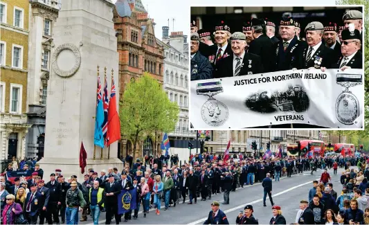  ??  ?? Marching for justice: The veterans protest at the Cenotaph in London’s Whitehall. Inset: In Glasgow’s George Square