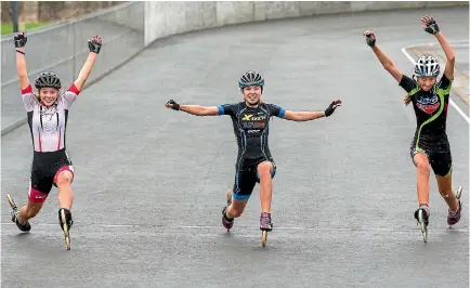  ?? PHOTO: MYTCHALL BRANSGROVE/STUFF ?? South Canterbury speed skaters, from left, Tasha McAuley, 12, Charli Nevin, 13, and Roshean O’Connor, 13 are all set for the Oceania Championsh­ips.