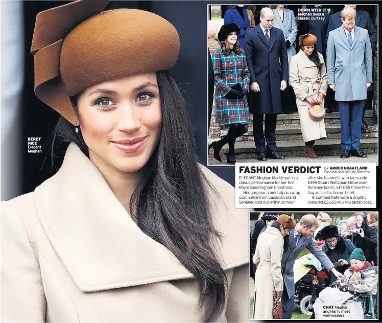  ??  ?? BERET NICE Elegant Meghan DOWN WITH IT Meghan does a classic curtsey
CHAT Meghan and Harry meet well-wishers