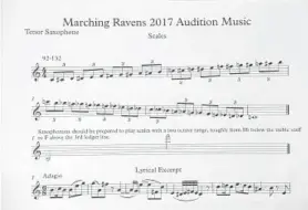  ??  ?? Tenor saxophone players auditionin­g for the Marching Ravens are given these scales and exercises to perform.