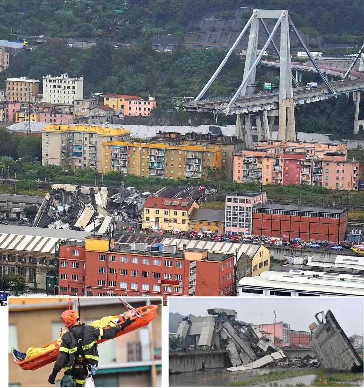  ??  ?? Miracle: One driver, who survived, is taken to hospital by helicopter Rubble: Large sections of the collapsed bridge, which fell onto buildings and rail tracks