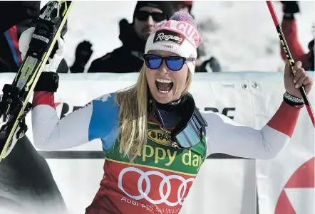  ?? — GETTY IMAGES ?? Switzerlan­d’s Lara Gut reacts after the second run of the ladies’ giant slalom at an alpine skiing World Cup race Saturday in Solden, Austria. Gut opened defence of her overall title with a win.