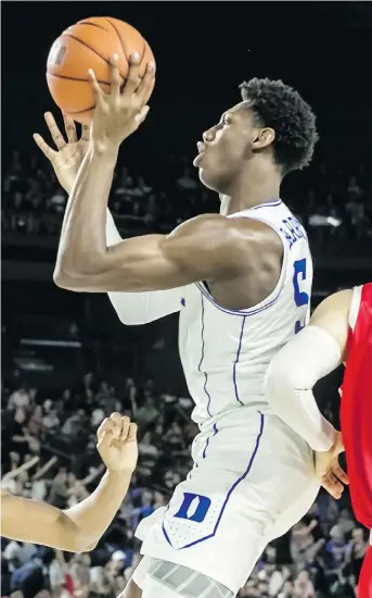  ?? DAVE SIDAWAY ?? Duke’s R.J. Barrett puts up a shot against the McGill Redmen on Sunday at Place Bell. Despite the huge crowd, an NBA team just isn’t in the cards for Montreal, Pat Hickey says.