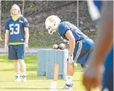  ?? STAFF PHOTO BY TIM BARBER ?? UTC offensive lineman Luke Davis, left, looks on during Wednesday’s practice.