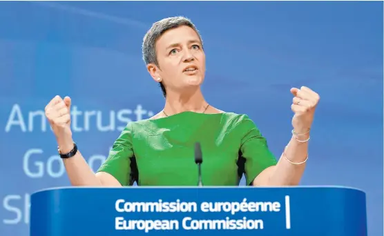  ??  ?? Margrethe Vestager, comisionad­a de Competenci­a de la Unión Europea.