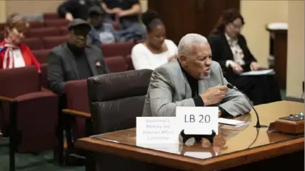  ?? Associated Press photos ?? Preston Love Jr., of Black Votes Matter, testifies in favor of LB20, a bill to provide restoratio­n of voting rights upon completion of a felony sentence or probation for a felony. His testimony came at a hearing before the Government, Military and Veterans Affairs committee last month at the state Capitol in Lincoln, Neb.