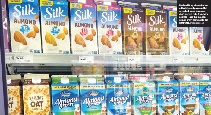  ?? STOCK.ADOBE.COM ?? Food and Drug Administra­tion officials issued guidance that says plant-based beverages don’t pretend to be from dairy animals — and that U.S. consumers aren’t confused by the difference.