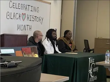  ?? PHOTOS BY NIKKI CARBONI FOR THE RECORD-BEE ?? Students Pete Lamb, Antony Jones and Chelsea Turner sit on the student panel at the LCC Black History Month Celebratio­n.