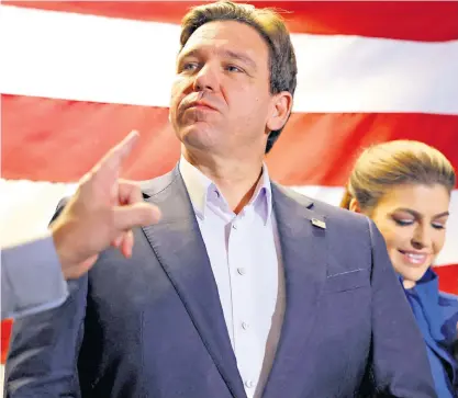  ?? ?? After Iowa, Ron Desantis will head to South Carolina, the fourth state to vote in the contest and home to Nikki Haley (left), who wore a striking ‘She who dares wins’ jumper while campaignin­g