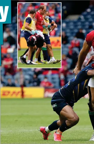  ??  ?? Japan seek to stop Duhan van der Merwe, while top left, Alun Wyn Jones is escorted off the pitch by medics with his tour dreams shattered