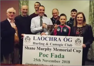  ??  ?? Macroom Credit Union Manager, Tony Hughes with members of the Murphy Family as they launch another Shane Murphy Memorial Poc Fáda to raise funds this year for Marymount Hospice. To date Laochra Óg has raised almost €5,000 for charity in the past three years.