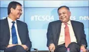  ??  ?? TCS CEO and MD N Chandrasek­aran (R) with global HR head Ajoyendra Mukherjee during the announceme­nt of the company’s fourth-quarter results in Mumbai on Monday ARIJIT SEN/HT