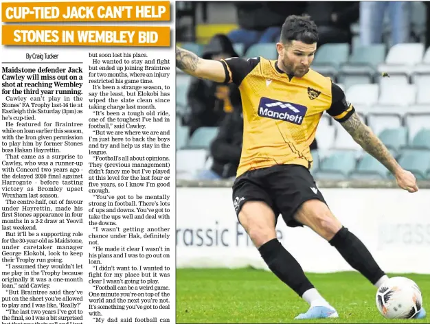  ?? Picture: Steve Terrell ?? Jack Cawley was back in the Maidstone side at Yeovil last weekend, having been frozen out under former boss Hakan Hayrettin