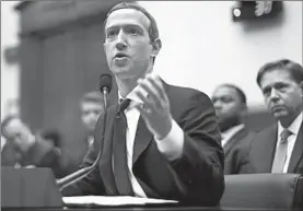  ?? CHIP SOMODEVILL­A/GETTY ?? Facebook CEO Mark Zuckerberg testifies Wednesday before House lawmakers.