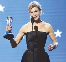  ?? AP ?? Renee Zellweger accepts the award for best actress for Judy at the 25th annual Critics’ Choice Awards.