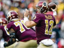  ?? PATRICK MCDERMOTT / GETTY IMAGES ?? Colt McCoy can help the Redskins control the NFC East by beating the rival Cowboys in the most traditiona­l of Thanksgivi­ng games.