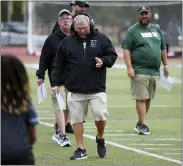  ?? OWEN MCCUE - MEDIANEWS GROUP ?? Methacton coach Brian Kennedy paces the sidelines during halftime of Saturday’s game against Harriton.