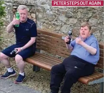  ??  ?? Peter Lawlor on his daily 6k walk for Open Door. Paul Prendergas­t (above left) went along with Peter one day but they had to stop off for a rest at the 1916 Memorial Garden when Paul began to tire!