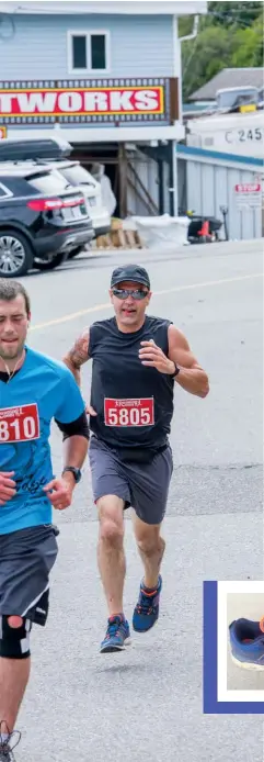  ??  ?? LEFT Geddes at the Edge to Edge Half-Marathon, Ucluelet, B.C.