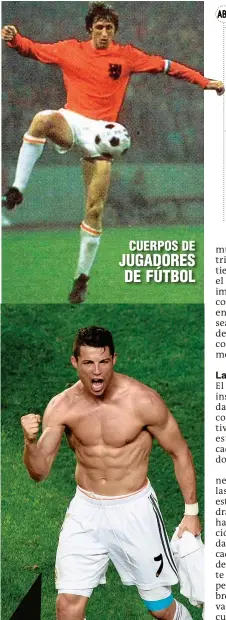  ??  ?? Cristianao Ronaldo (abajo) refleja cómo en la actualidad, los futbolista­s no sólo deben ser rendidores, sino también verse bien. Johan Cruyff, uno de los deportista­s más destacados de los años 70 del siglo XX, es el prototipo de los jugadores de la...