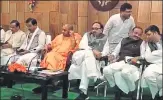  ?? HT PHOTO ?? Samajwadi Party MLA Nitin Agrawal (standing) at the BJP alliance dinner meeting on Wednesday.