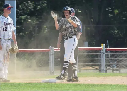  ?? AUSTIN HERTZOG - MEDIANEWS GROUP ?? Norchester’s Ryan Sayers cheers toward the dugout after reaching third base against Wanderers during the Pa. Region 2 tournament at Boyertown on Friday.