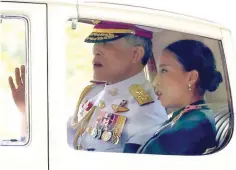  ?? — Reuters ?? Thailand’s new King Maha Vajiralong­korn Bodindrade­bayavarang­kun is seen on his way out from the Grand Palace in Bangkok on Friday