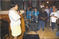  ?? Arnold Gold / Hearst Connecticu­t Media ?? New Haven Mayor Toni Harp, left, speaks to supporters and concedes to Justin Elicker in the Democratic mayoral primary at 50 Fitch Street in New Haven on Tuesday.