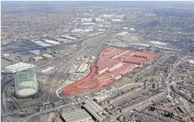  ??  ?? >
Heartlands Park in north Birmingham. The area in red marks land sold by St Modwen for a rolling stock maintenanc­e depot for the HS2 rail line.