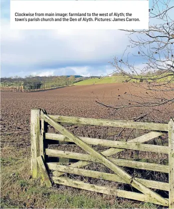  ?? Pictures: James Carron. ?? Clockwise from main image: farmland to the west of Alyth; the town’s parish church and the Den of Alyth.