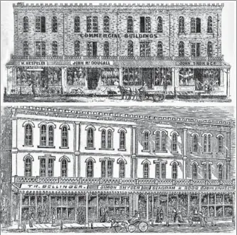  ?? TOP: TREMAINE’S 1861 MAP OF WATERLOO COUNTY BOTTOM: WATERLOO CHRONICLE 1927 CONFEDERAT­ION NUMBER ?? The perfectly symmetrica­l four sections of Jacob Bricker’s Commercial Block featured a first-floor balcony and awnings that shaded the west-facing wooden sidewalk. Keep these two illustrati­ons from 1857 and 1881 handy to compare with next week’s 20th- and 21st-century images of Waterloo’s King Street South.