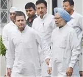  ?? — PTI ?? Congress V-P Rahul Gandhi with former PM Manmohan Singh and Randeep Surjewala leaves after a meeting on the November 8 protest against demonetisa­tion, in New Delhi on Monday.