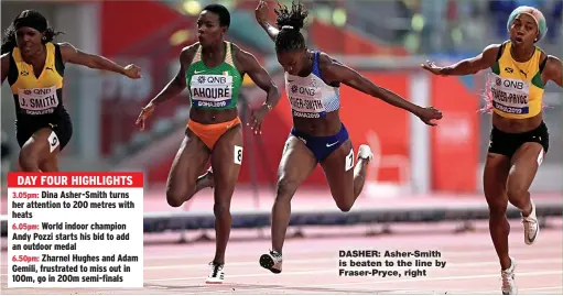  ?? Picture: MIKE EGERTON ?? DASHER: Asher-Smith is beaten to the line by Fraser-Pryce, right