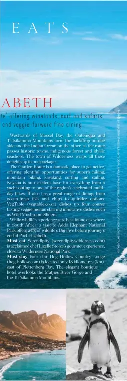  ??  ?? OPPOSITE PAGE (CLOCKWISE FROM TOP) Chapman’s Peak Drive on South Africa’s Atlantic coast; the joy of the open road; a day on the beach; spot lions at the Addo Elephant National Park; terrace dining; a Simon’s Town penguin; sunset on the beautiful Garden Route.