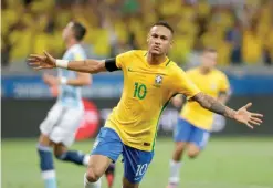  ?? — AP ?? BELO HORIZONTE: In this Nov 10, 2016 file photo, Brazil’s Neymar celebrates after scoring his side’s second goal against Argentina during a 2018 World Cup qualifying soccer match.