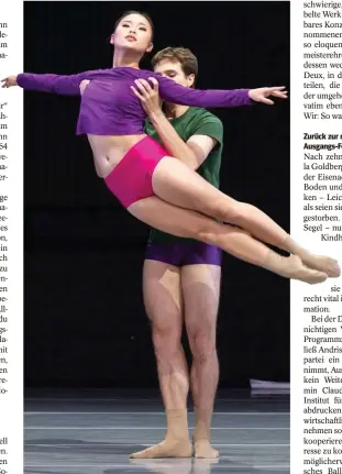  ?? FOTO: CAROLA HÖLTING ?? Nach Solo-Musiken von Bach hat Andris Plucis den Ballettabe­nd „Wir“choreograf­iert – hier mit Karin Honda und Filip Clefos.