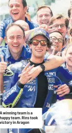  ??  ?? A winning team is a happy team. Rins took victory in Aragon