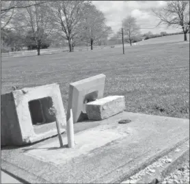  ?? DAVID JACOBS/SDG ?? A look at a concrete drinking fountain that was toppled in an act of vandalism at Rabold Park in Shelby as shown in an April 15 photo. Earlier in the week, Shelby’s Board of Park Commission­ers was notified of the vandalism.